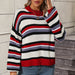 Color-Red-Autumn Winter Stitching Knitwear Loose Color Round Neck Striped Sweater Women-Fancey Boutique