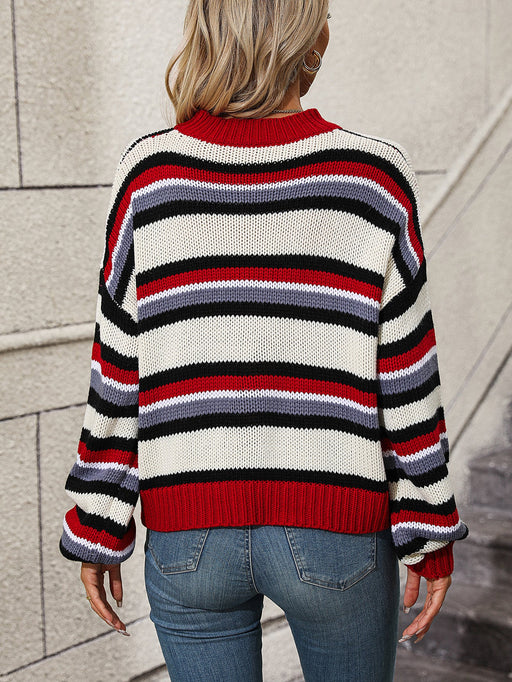 Color-Autumn Winter Stitching Knitwear Loose Color Round Neck Striped Sweater Women-Fancey Boutique