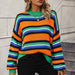 Color-Autumn Winter Stitching Knitwear Loose Color Round Neck Striped Sweater Women-Fancey Boutique