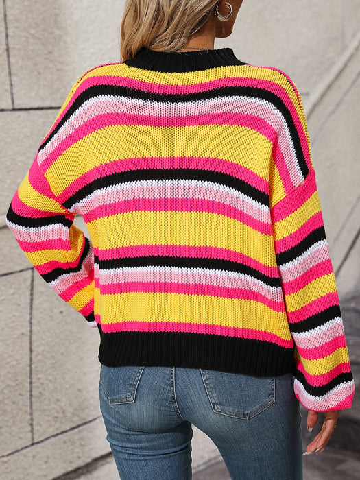 Color-Autumn Winter Stitching Knitwear Loose Color Round Neck Striped Sweater Women-Fancey Boutique