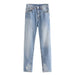 Color-Blue-Summer Casual Straight Leg Trousers Perforated Hole Decoration Loose Mid Waist Jeans-Fancey Boutique