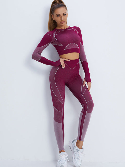 Color-Fitness Suit Cropped Long Sleeve Sports T shirt Peach Hip Raise High Waist Tight Yoga Trousers-Fancey Boutique