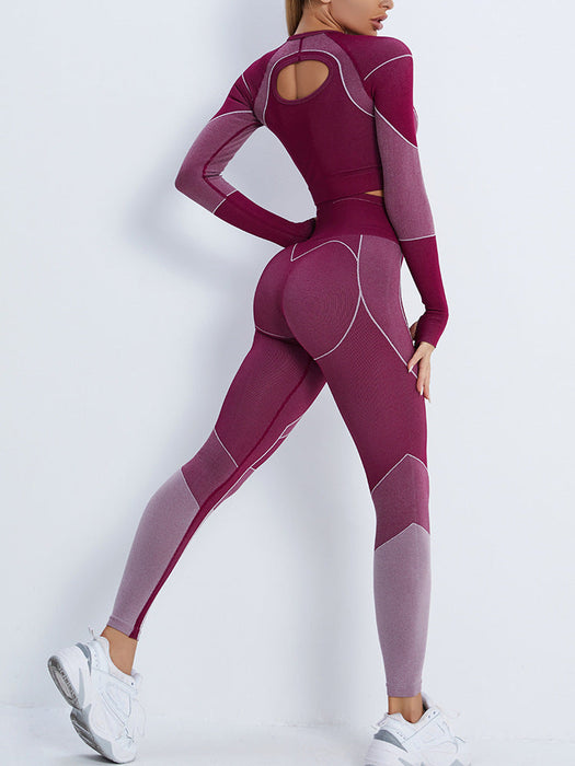 Color-Fitness Suit Cropped Long Sleeve Sports T shirt Peach Hip Raise High Waist Tight Yoga Trousers-Fancey Boutique