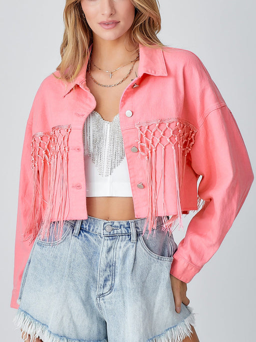 Color-Pink-Autumn Winter Tassel Short Denim Jacket Alphabet Jacket Top Women Clothing-Fancey Boutique