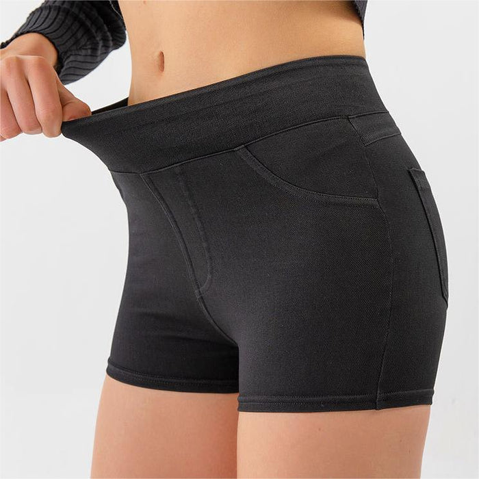 Color-Black-Summer High Waist Hip Lift Yoga Denim Shorts Women Stretchy Slim Fit Belly Contracting Sports Outerwear Fitness Shorts-Fancey Boutique