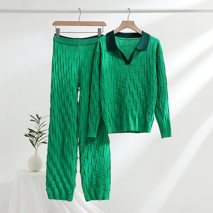 Color-Fashionable Knitted Woven Suit Spring Autumn Korean Half Open Collar Pullover Top Trousers Women Two Piece Suit-Fancey Boutique