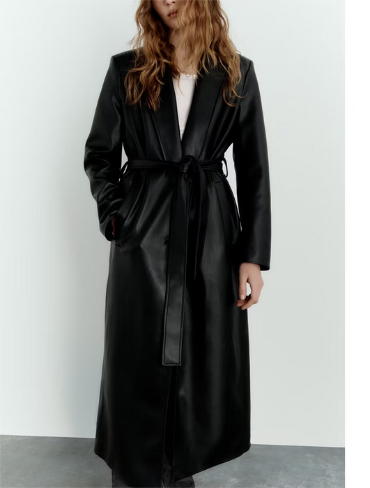 Color-Autumn Winter Casual Retro Long Black Faux Leather Trench Coat Women-Fancey Boutique