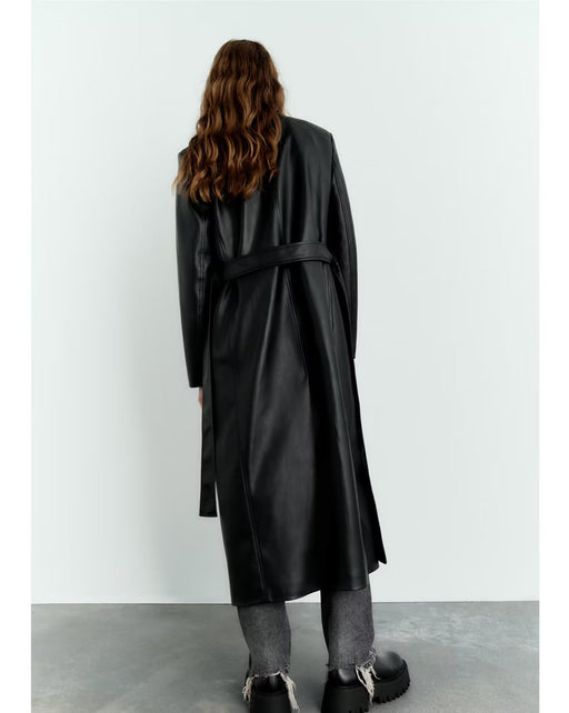 Color-Autumn Winter Casual Retro Long Black Faux Leather Trench Coat Women-Fancey Boutique