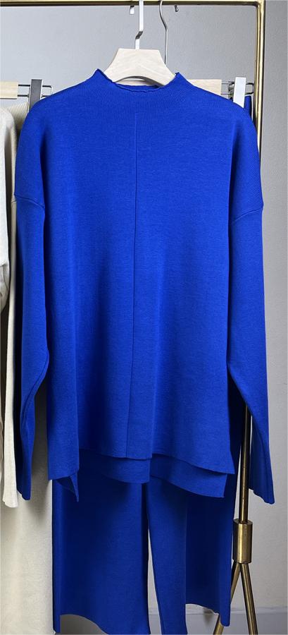 Color-Blue-Autumn Winter Popular Long Sleeved Sweater sets Knitted Top Trousers Two Piece Women Clothing-Fancey Boutique