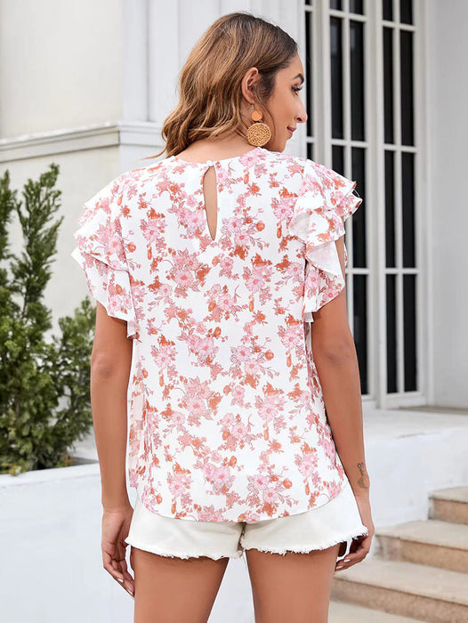 Color-Women Summer round Neck Printed Ruffled Short Sleeves Chiffon Shirt Floral Pullover T shirt-Fancey Boutique