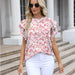 Color-Women Summer round Neck Printed Ruffled Short Sleeves Chiffon Shirt Floral Pullover T shirt-Fancey Boutique