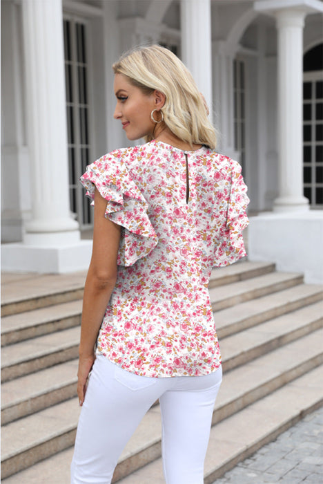 Color-Women Summer round Neck Printed Ruffled Short Sleeves Chiffon Shirt Floral Pullover T shirt-Fancey Boutique