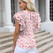 Color-Women Summer round Neck Printed Ruffled Short Sleeves Chiffon Shirt Floral Pullover T shirt-Fancey Boutique