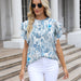 Color-Women Summer round Neck Printed Ruffled Short Sleeves Chiffon Shirt Floral Pullover T shirt-Fancey Boutique