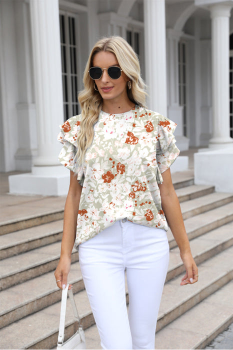 Color-Women Summer round Neck Printed Ruffled Short Sleeves Chiffon Shirt Floral Pullover T shirt-Fancey Boutique