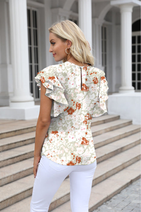 Color-Women Summer round Neck Printed Ruffled Short Sleeves Chiffon Shirt Floral Pullover T shirt-Fancey Boutique