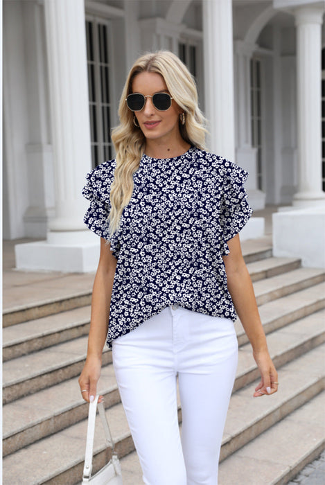 Color-Women Summer round Neck Printed Ruffled Short Sleeves Chiffon Shirt Floral Pullover T shirt-Fancey Boutique