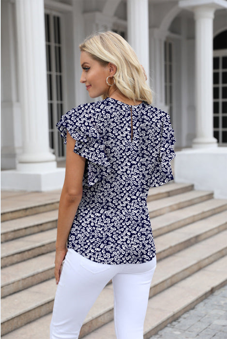 Color-Women Summer round Neck Printed Ruffled Short Sleeves Chiffon Shirt Floral Pullover T shirt-Fancey Boutique