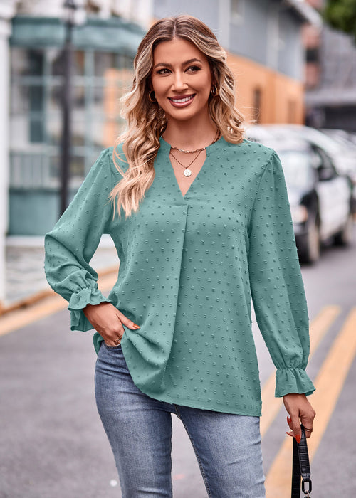 Color-Fall Women Clothing Jacquard T shirt V neck Loose Long Sleeve Umbrella Sleeve Top-Fancey Boutique