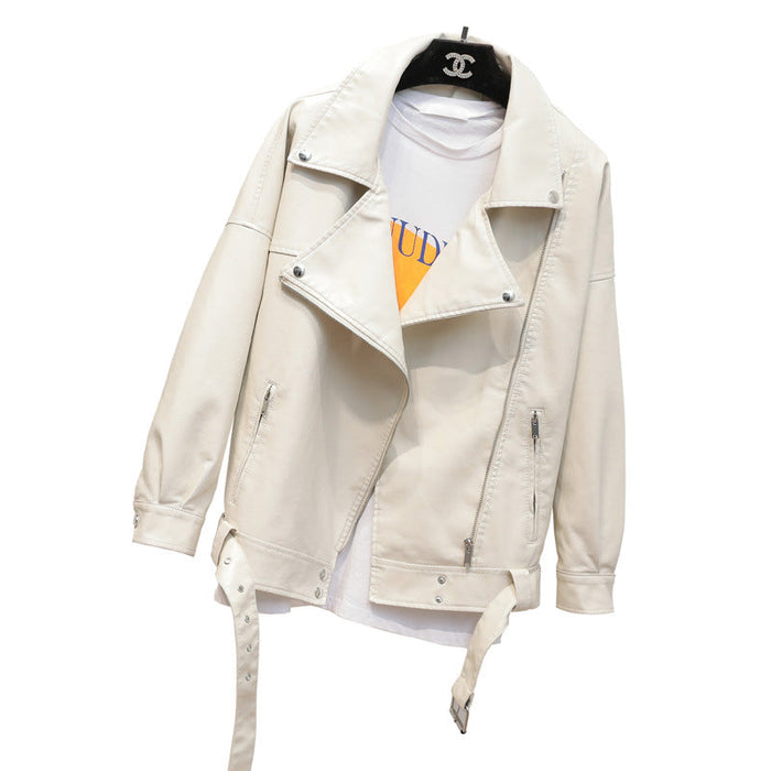 Color-Ivory-Motorcycle Leather Coat for Women Autumn Tailored Collar Korean Loose Boyfriend Handsome Faux Leather Jacket Short Coat-Fancey Boutique