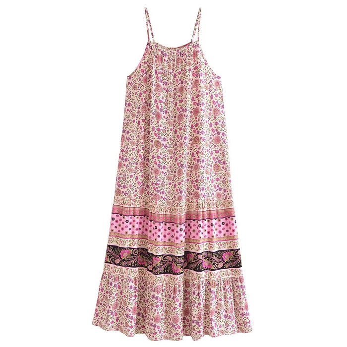 Color-Pink-Watermark Positioning Flower Long Suspender Dress-Fancey Boutique