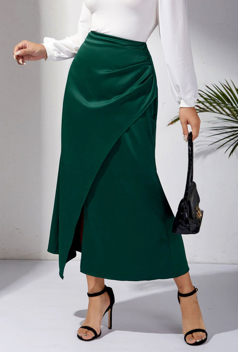 Color-Women Clothing High Waist Satin Heap Pleated Split Dress Solid Skirt Zipper Fishtail Hip Skirt-Fancey Boutique