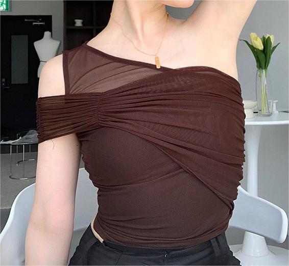 Color-Sexy Pure Diagonal Collar One Shoulder Solid Color Mesh Top Women Irregular Asymmetric Design Summer-Fancey Boutique