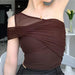 Color-Sexy Pure Diagonal Collar One Shoulder Solid Color Mesh Top Women Irregular Asymmetric Design Summer-Fancey Boutique