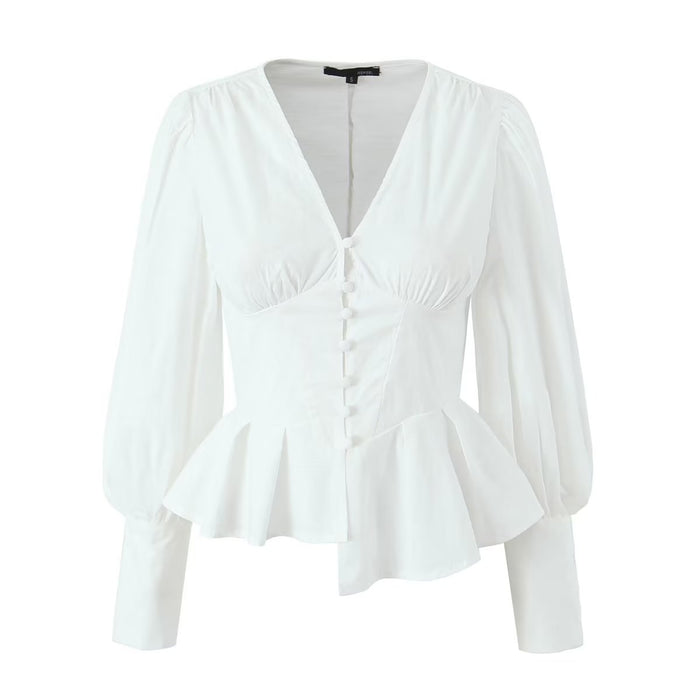 Color-White-French Vintage Court V neck Single Breasted Lantern Sleeve Irregular Asymmetric White Shirt Waist Slim Fit Shirt-Fancey Boutique