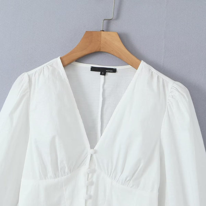 Color-French Vintage Court V neck Single Breasted Lantern Sleeve Irregular Asymmetric White Shirt Waist Slim Fit Shirt-Fancey Boutique