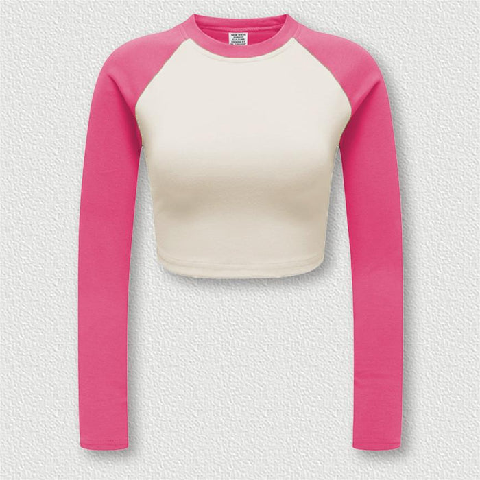 Color-Light Color/Hot Pink-Women Clothing Fall Women Cotton Color Contrast Long Sleeve T shirt Retro Street Trendy Brand Sexy Short Top-Fancey Boutique