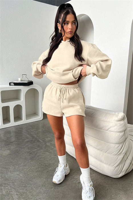 Color-Autumn Winter Solid Color Long-Sleeved Hooded Sweaters Women Clothing Two Piece Casual Shorts sets-Fancey Boutique
