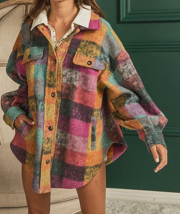 Color-Autumn Winter Single Breasted Collared Fleece Jacket Plaid Cardigan Shirt Women-Fancey Boutique