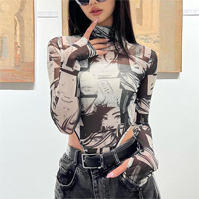 Color-Street Cartoon Characters Printed Turtleneck Grenadine T shirt Stretch Tight Long Sleeve Bottoming Personalized Jumpsuit-Fancey Boutique