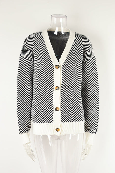 Color-Black-Autumn Winter Women Cardigan Sweater Color Matching Button Sweater Top V neck Coat-Fancey Boutique