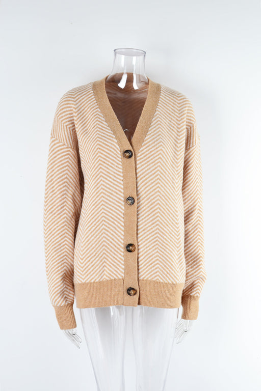 Color-Khaki-Autumn Winter Women Cardigan Sweater Color Matching Button Sweater Top V neck Coat-Fancey Boutique