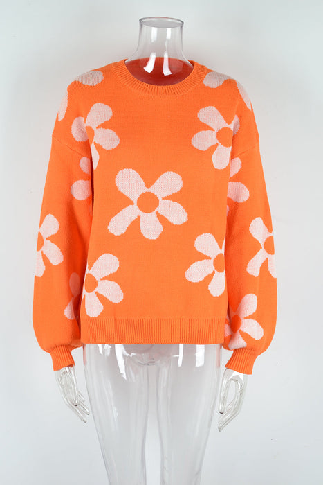 Color-Orange-Autumn Winter Women Printed Sweater Pullover Floral Plus Size Sweater Women-Fancey Boutique
