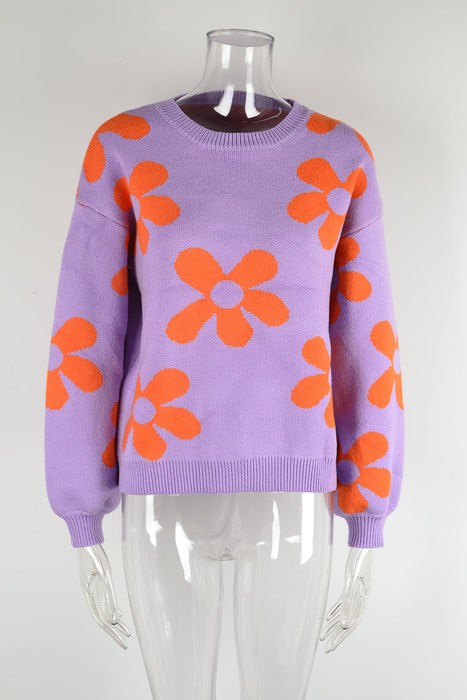 Color-Purple-Autumn Winter Women Printed Sweater Pullover Floral Plus Size Sweater Women-Fancey Boutique