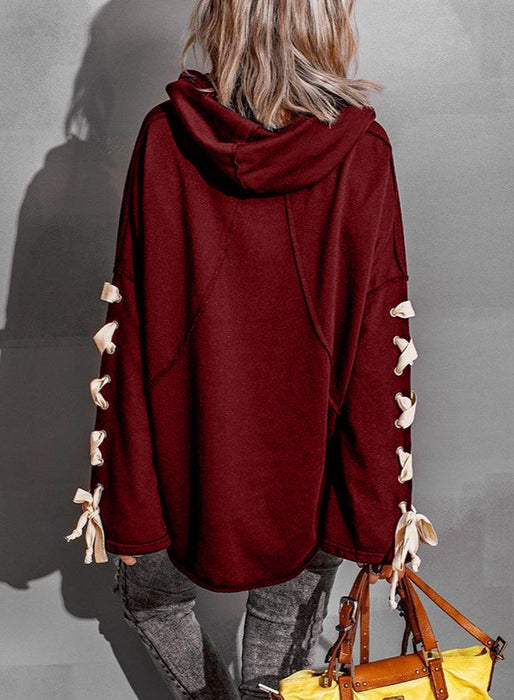 Color-Ladies Autumn Winter Cotton Special Interest Design Lace Up Oversized Hooded Pile Collar Frayed Sweater-Fancey Boutique