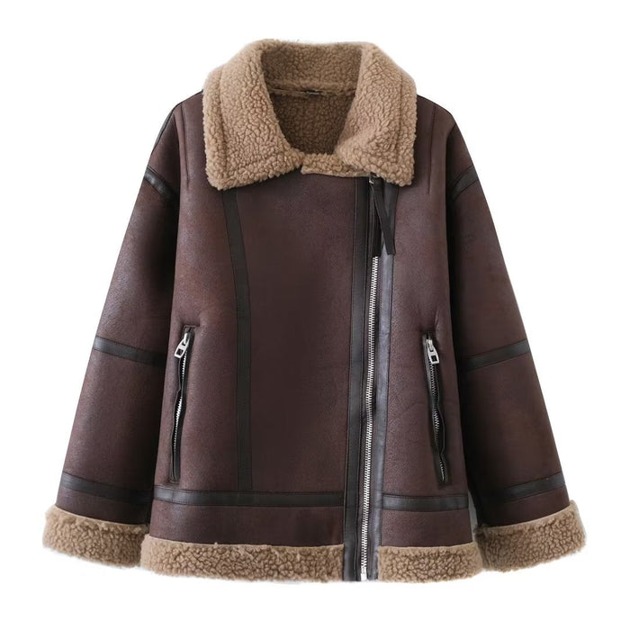 Color-Coffee-Women Clothing Faux Shearling Jacket Double Sided Jacket Jacket-Fancey Boutique