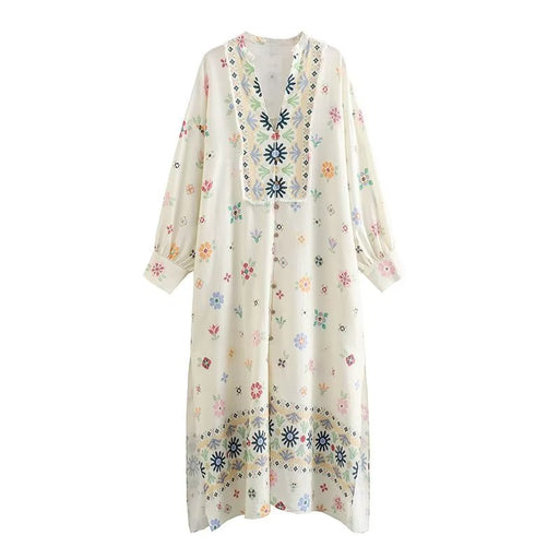 Color-Autumn Linen Blended Printed Maxi Dress for Women-Fancey Boutique