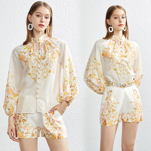 Color-Women Summer New Two Piece Single breasted Positioning Printed Collar Shirt Top Shorts with Belt-Fancey Boutique