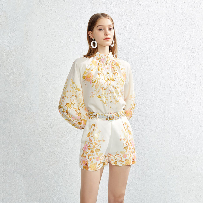Color-Yellow-Women Summer New Two Piece Single breasted Positioning Printed Collar Shirt Top Shorts with Belt-Fancey Boutique