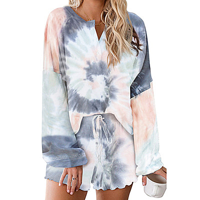 Color-Gray Gradient-Tie-dyed Printed Casual Long Sleeve Shorts Set-Fancey Boutique