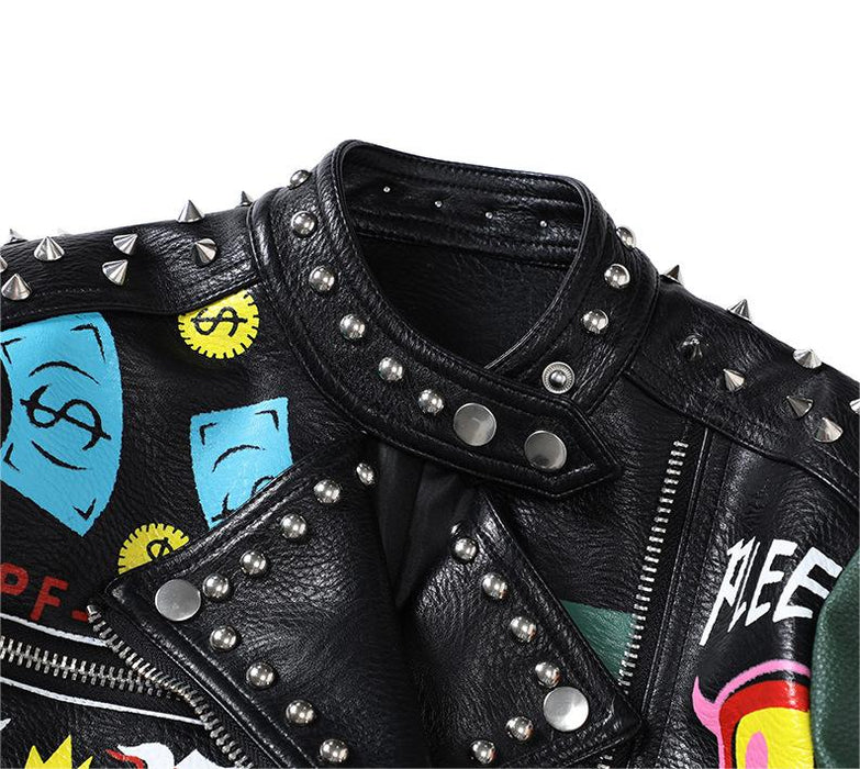 Color-Motorcycle Clothing Leather Clothing Women Spring Autumn Winter Short Print Punk Rock Clothing Women-Fancey Boutique