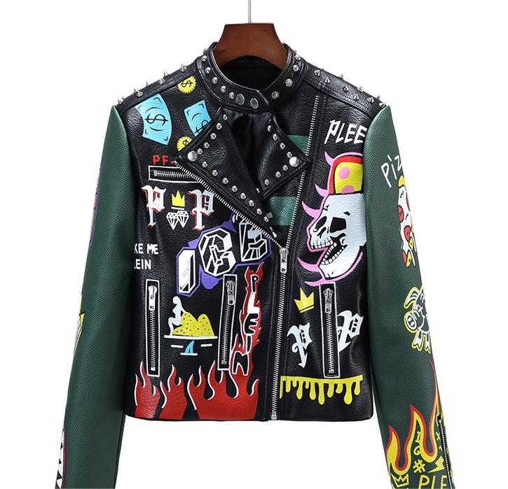 Color-Multi-Motorcycle Clothing Leather Clothing Women Spring Autumn Winter Short Print Punk Rock Clothing Women-Fancey Boutique