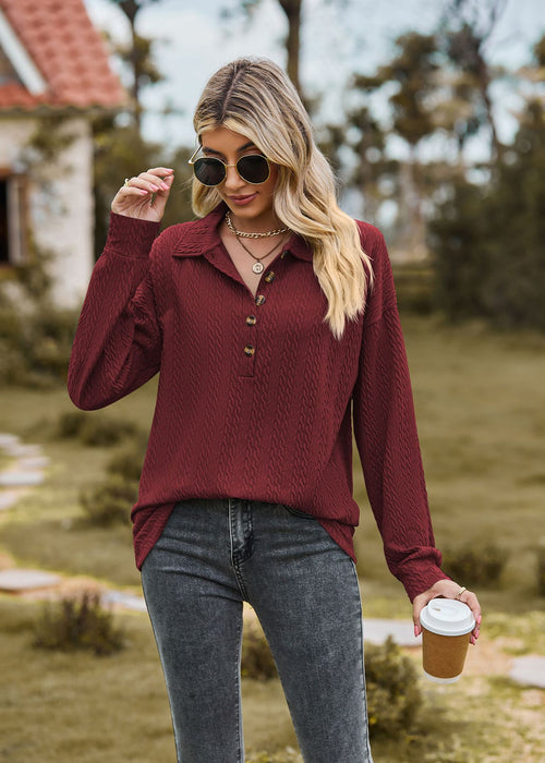 Color-Autumn Winter Solid Color Polo Collar Button Loose Long Sleeve Sweatershirt Coat Women-Fancey Boutique
