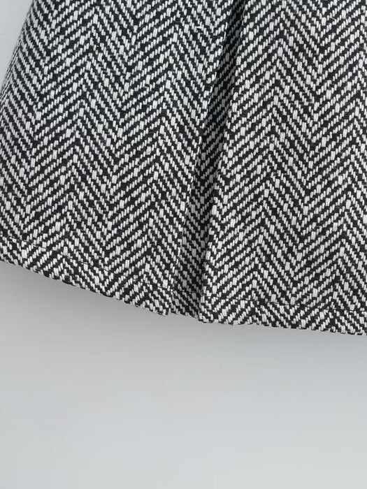 Color-Autumn Winter Sweet Round Neck Herringbone Pattern Short Suit High Waist Skirt-Fancey Boutique