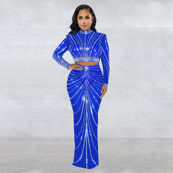 Color-Women Wear Mesh Drilling See through Long Sleeve Dress Two Piece Set-Fancey Boutique