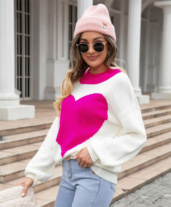 Color-Autumn Winter Big Love Valentine Day Peach Heart Sweater round Neck Knitted Pullover Sweater Women-Fancey Boutique